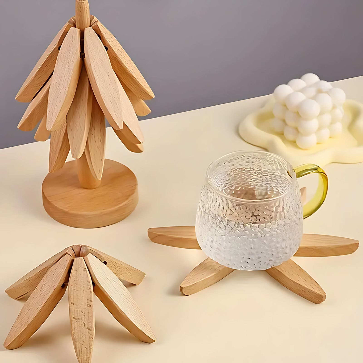 Solid Wood Tree-Shaped Coaster Set with Stackable Decorative Stand