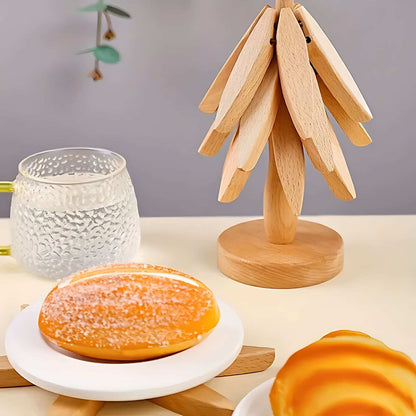 Solid Wood Tree-Shaped Coaster Set with Stackable Decorative Stand