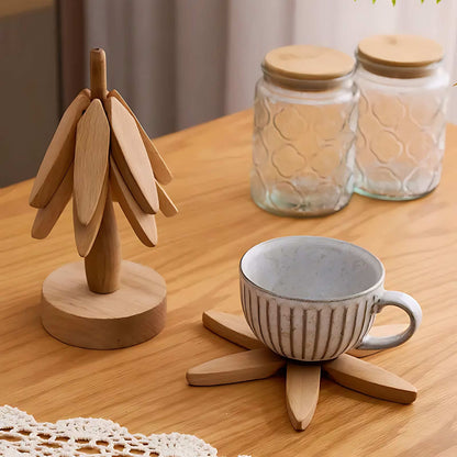 Solid Wood Tree-Shaped Coaster Set with Stackable Decorative Stand