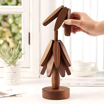 Solid Wood Tree-Shaped Coaster Set with Stackable Decorative Stand