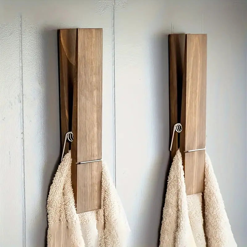 Solid Wood Wall Hooks with Sculptural Peg Design and Self Adhesive Mounting