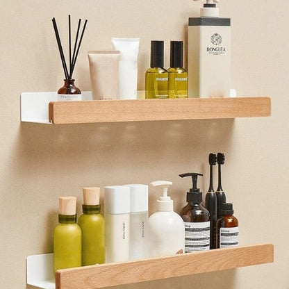 Solid Wood Wall Shelf with Self Adhesive Mounting and Water Resistant Finish