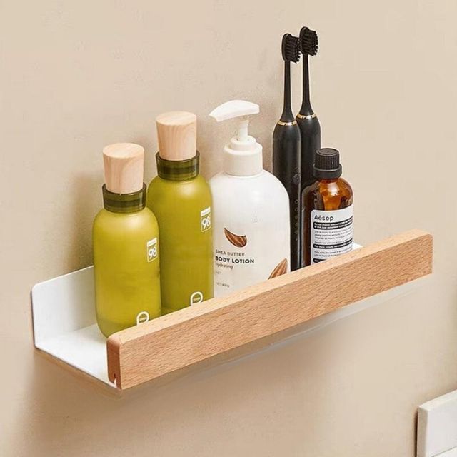 Solid Wood Wall Shelf with Self Adhesive Mounting and Water Resistant Finish