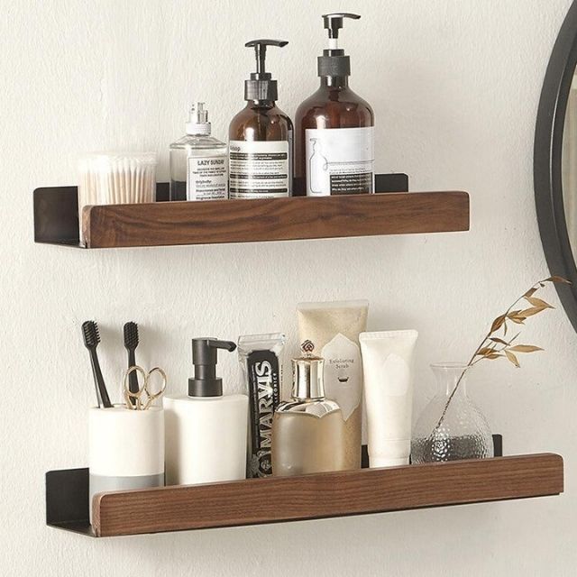 Solid Wood Wall Shelf with Self Adhesive Mounting and Water Resistant Finish