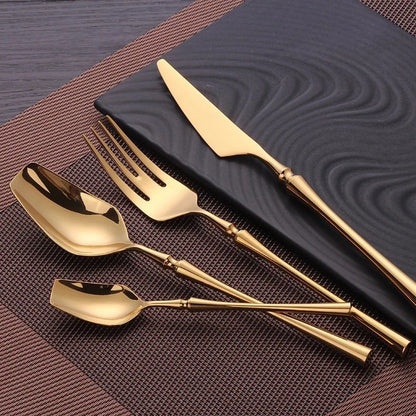 Stainless Steel Cutlery Set with Gold Accents and Polished Finish