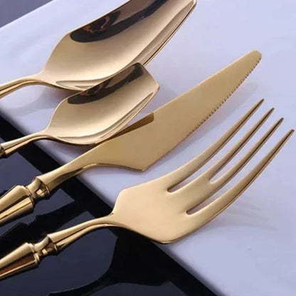 Stainless Steel Cutlery Set with Gold Accents and Polished Finish