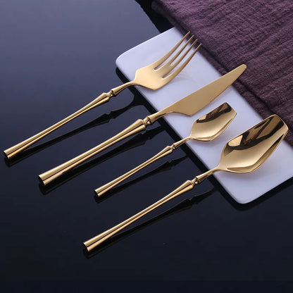 Stainless Steel Cutlery Set with Gold Accents and Polished Finish