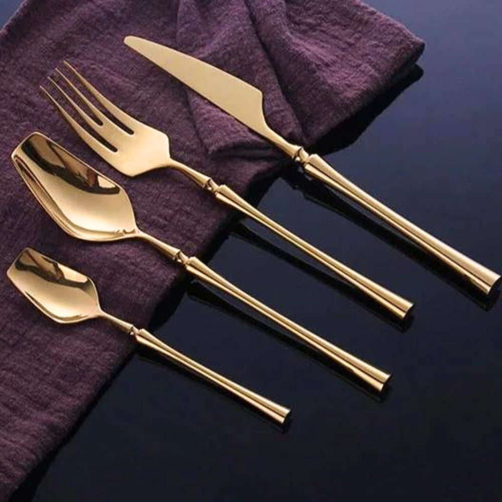 Stainless Steel Cutlery Set with Gold Accents and Polished Finish