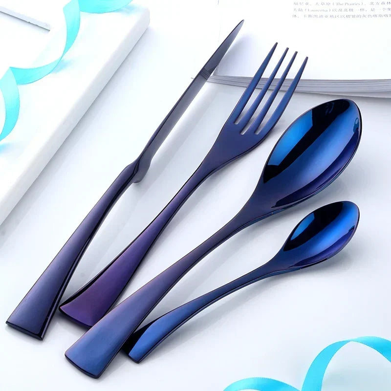 Stainless Steel Cutlery Set with Ocean Blue Accents and Polished Finish