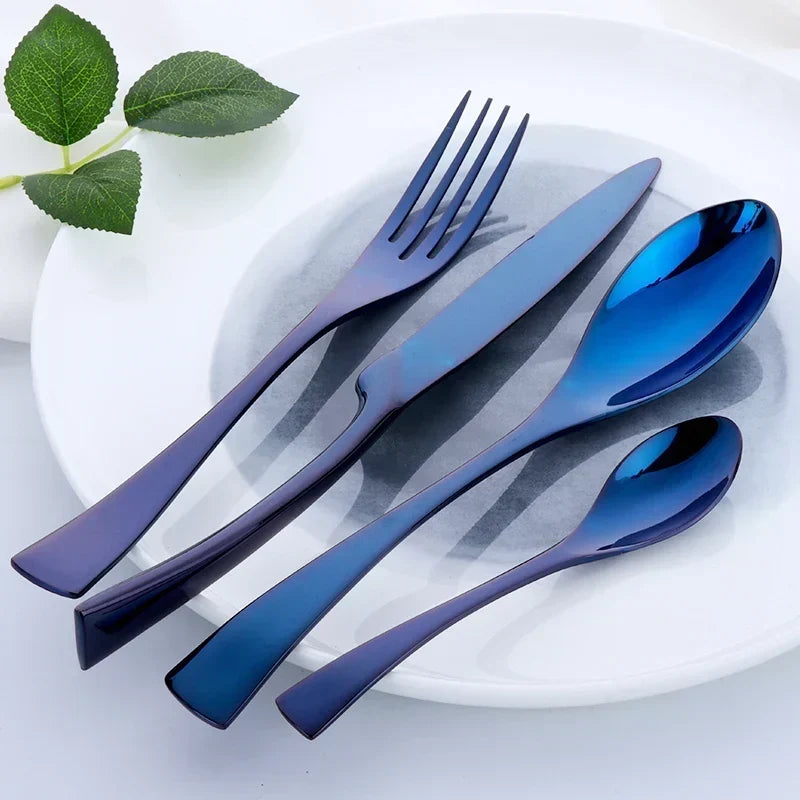 Stainless Steel Cutlery Set with Ocean Blue Accents and Polished Finish