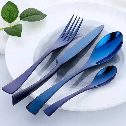 Stainless Steel Cutlery Set with Ocean Blue Accents and Polished Finish
