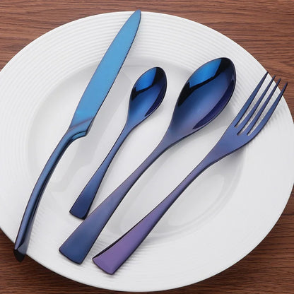 Stainless Steel Cutlery Set with Ocean Blue Accents and Polished Finish