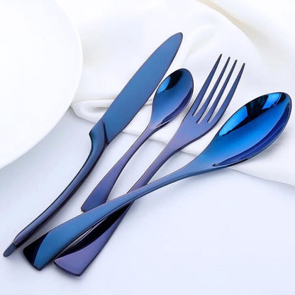 Stainless Steel Cutlery Set with Ocean Blue Accents and Polished Finish