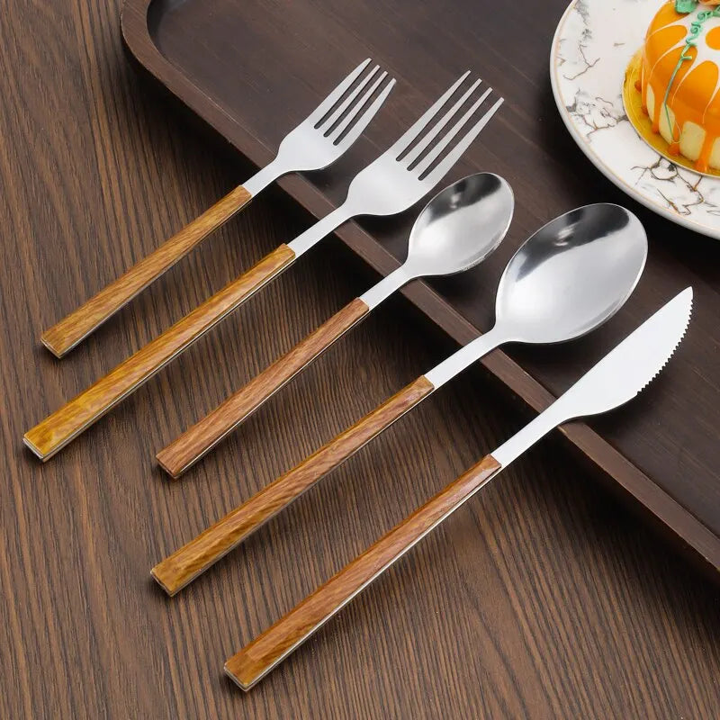 Stainless Steel Cutlery Set with Wood-Look Handles for Stylish Dining