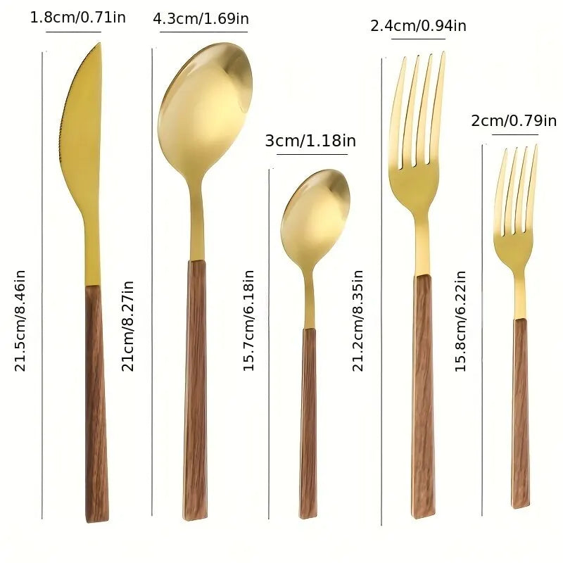 Stainless Steel Cutlery Set with Wood-Look Handles for Stylish Dining