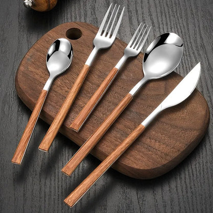 Stainless Steel Cutlery Set with Wood-Look Handles for Stylish Dining