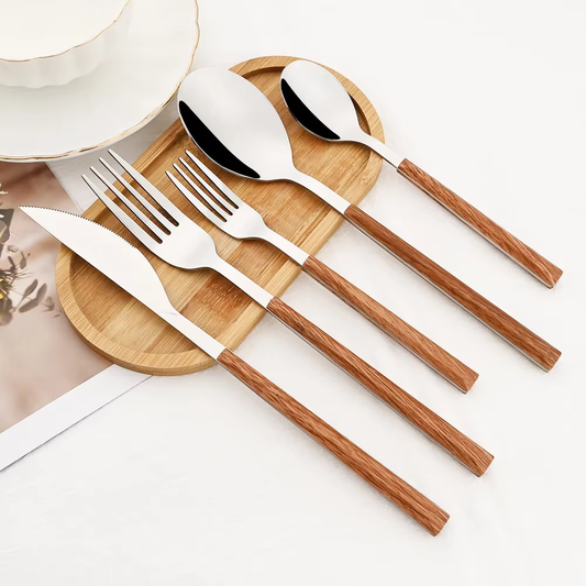 Stainless Steel Cutlery Set with Wood-Look Handles for Stylish Dining