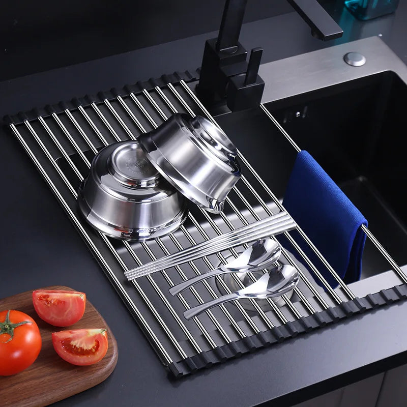 Stainless Steel Foldable Dish Drying Rack with Filter Roll