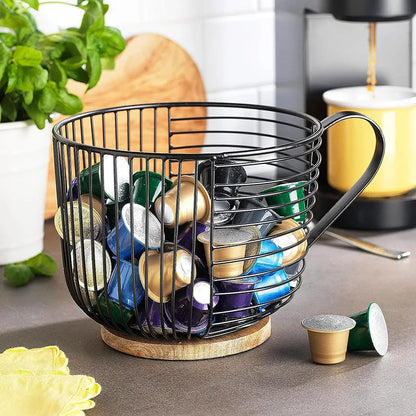 Stainless Steel Kitchen Organiser with Wooden Base for Coffee Pods, Tea Bags and Accessories