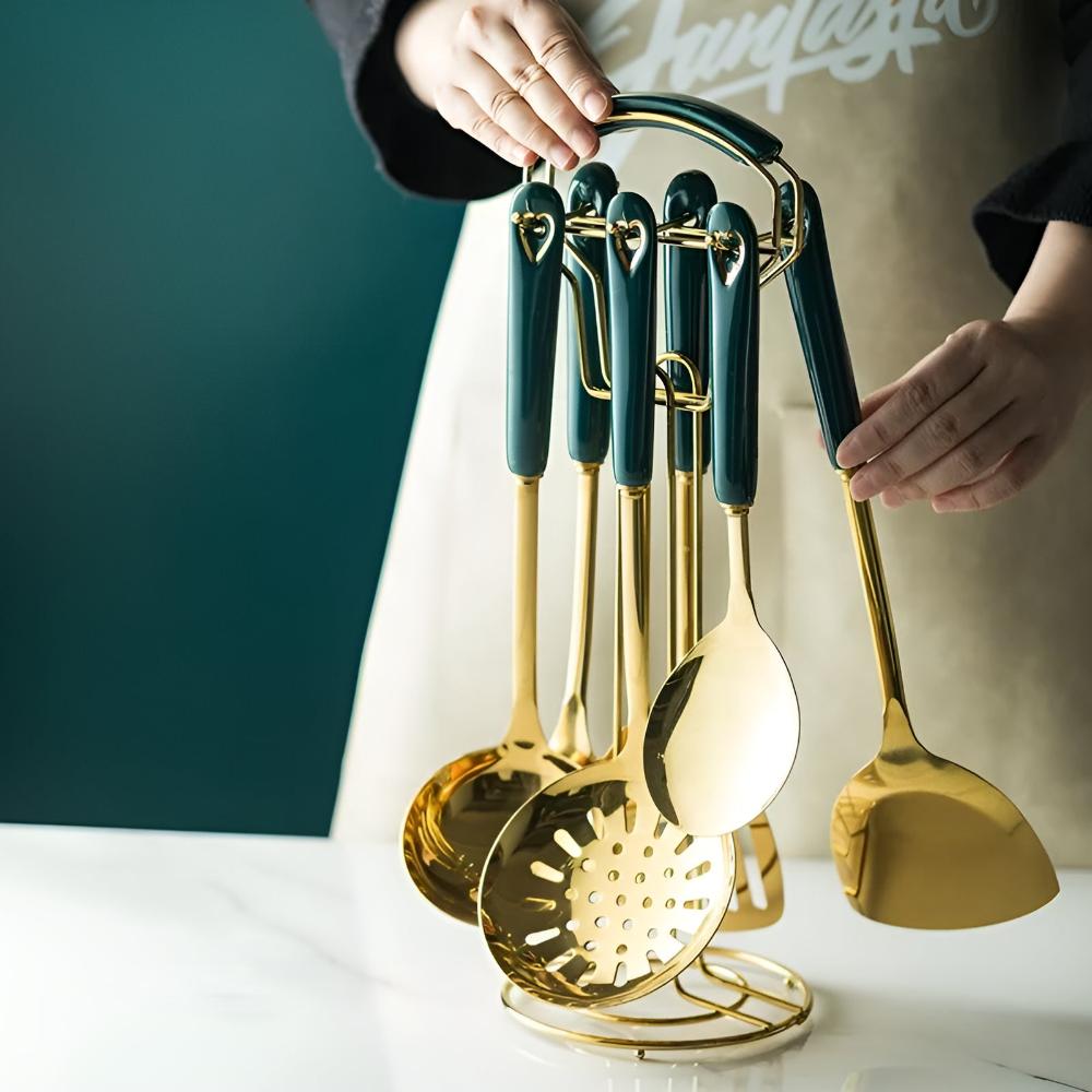 Stainless Steel Kitchen Utensil Set with Gold Finish and Storage Rack