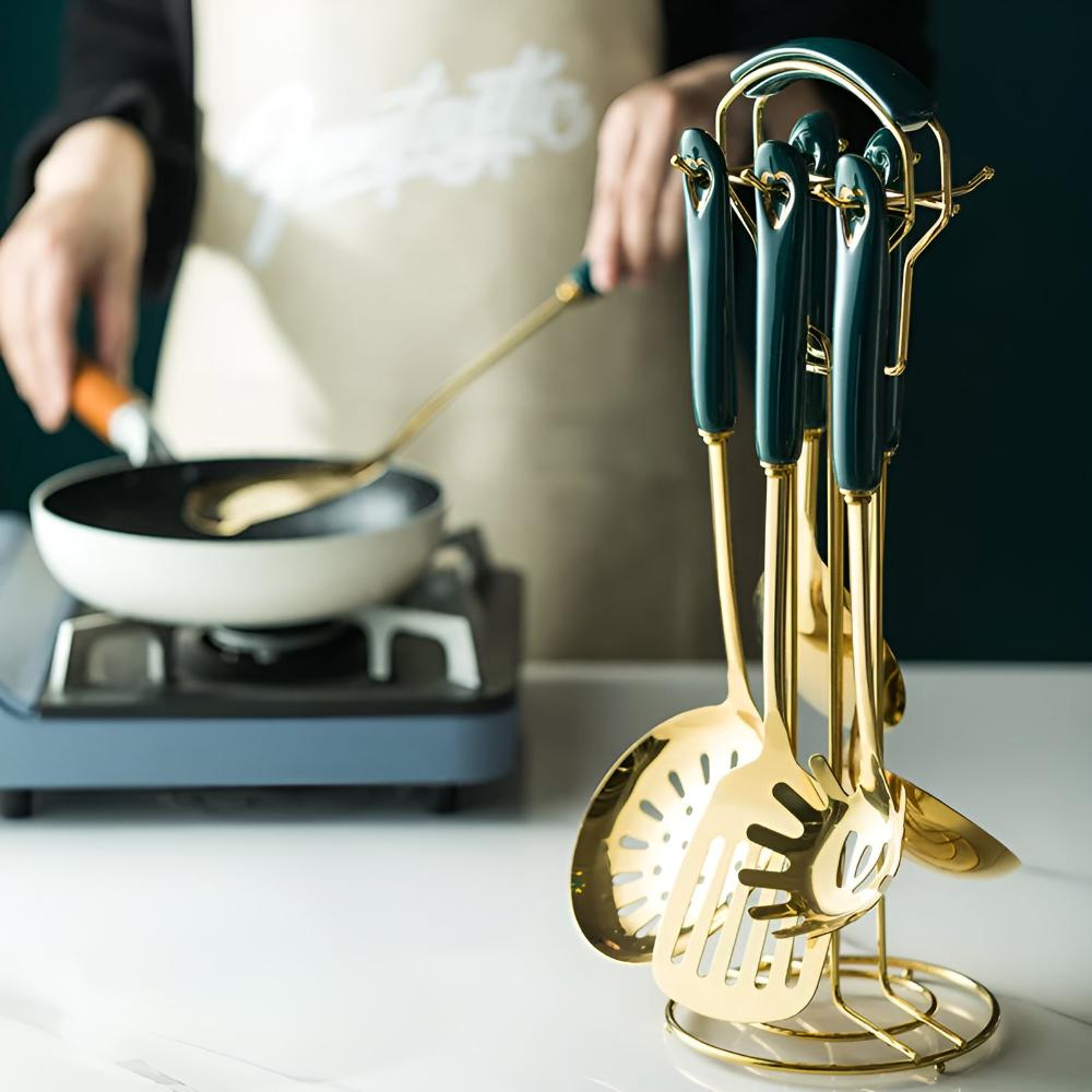 Stainless Steel Kitchen Utensil Set with Gold Finish and Storage Rack
