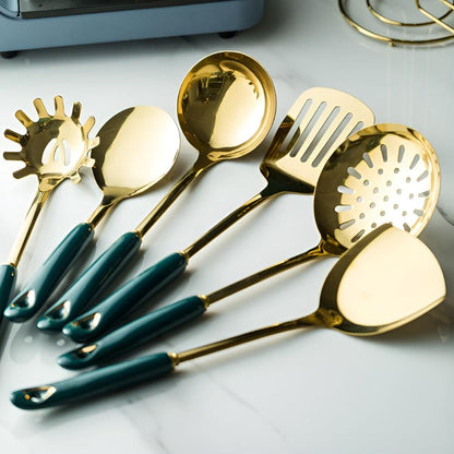 Stainless Steel Kitchen Utensil Set with Gold Finish and Storage Rack
