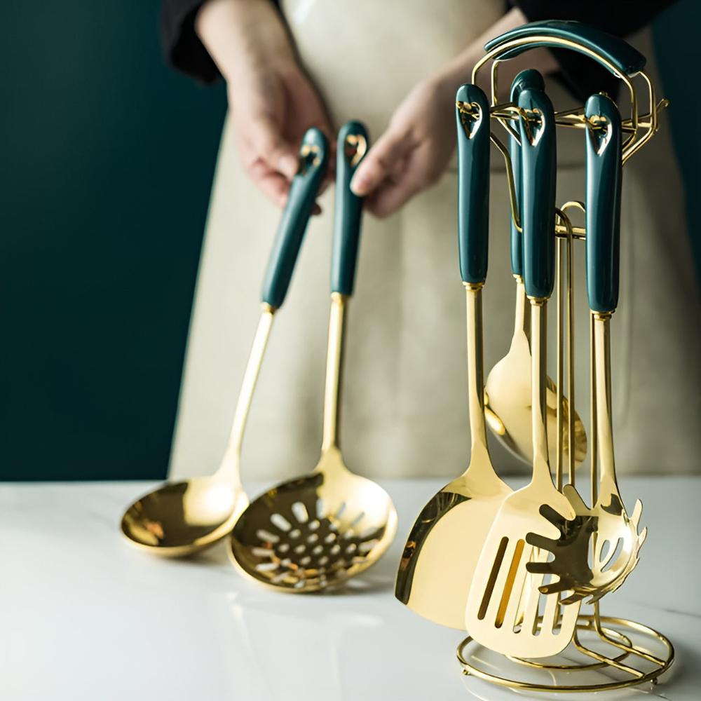 Stainless Steel Kitchen Utensil Set with Gold Finish and Storage Rack