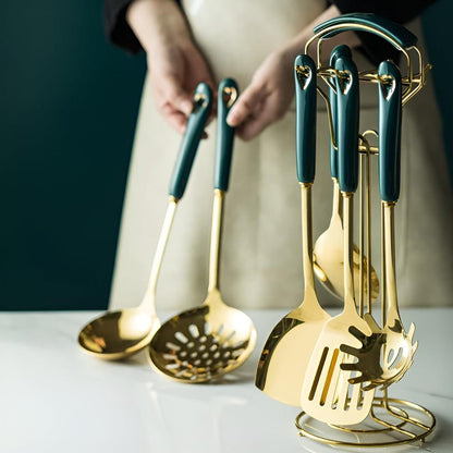 Stainless Steel Kitchen Utensil Set with Gold Finish and Storage Rack