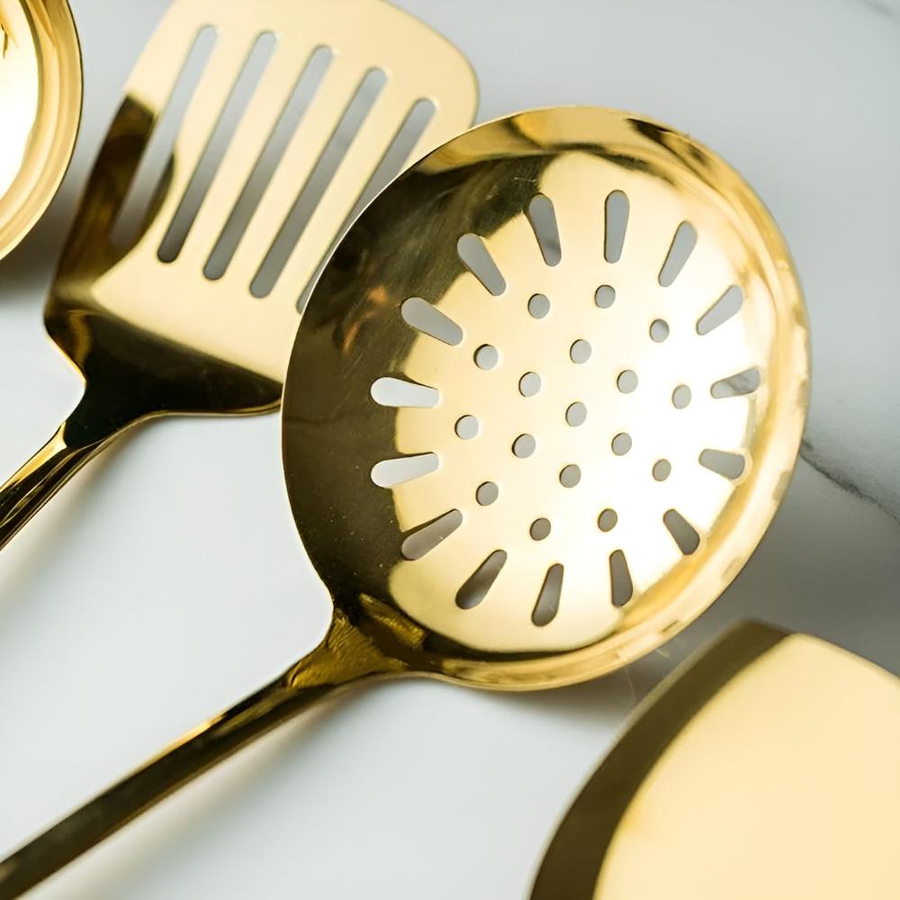 Stainless Steel Kitchen Utensil Set with Gold Finish and Storage Rack