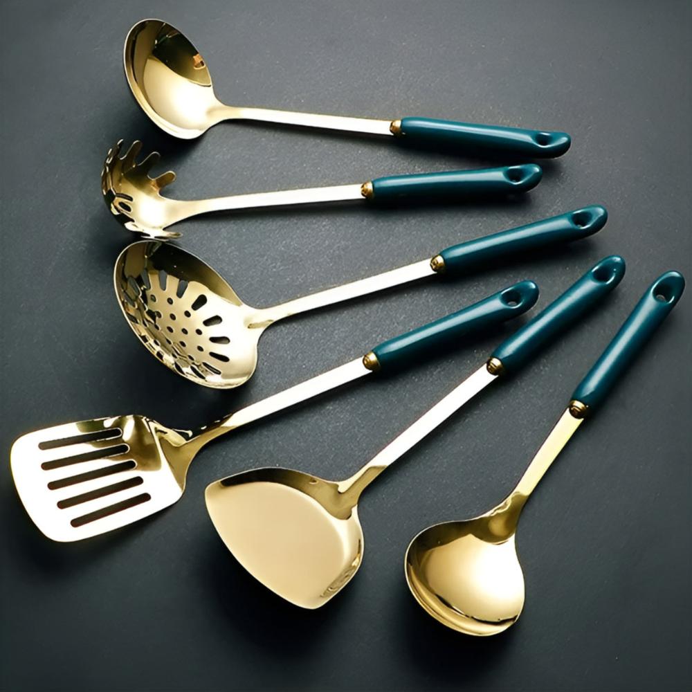Stainless Steel Kitchen Utensil Set with Gold Finish and Storage Rack