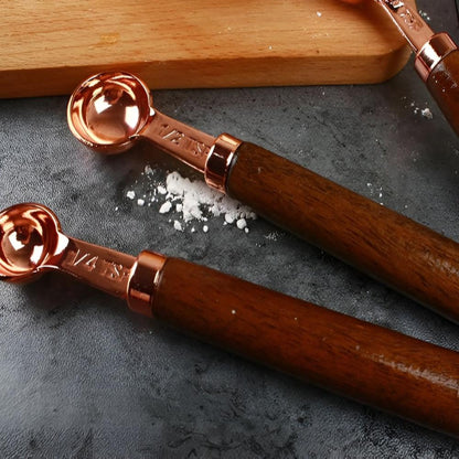 Stainless Steel Measuring Cups & Spoons – Copper Finish with Walnut Wood Handles