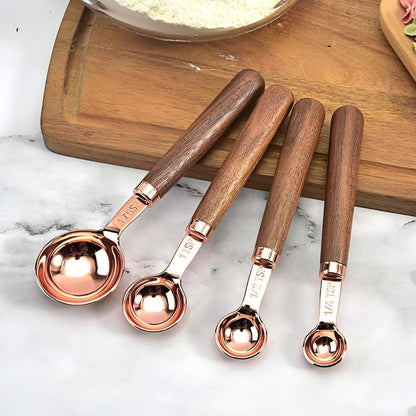 Stainless Steel Measuring Cups & Spoons – Copper Finish with Walnut Wood Handles