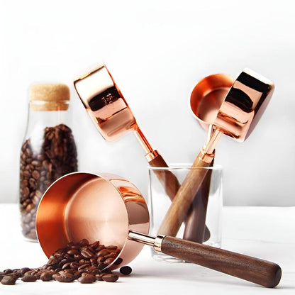 Stainless Steel Measuring Cups & Spoons – Copper Finish with Walnut Wood Handles