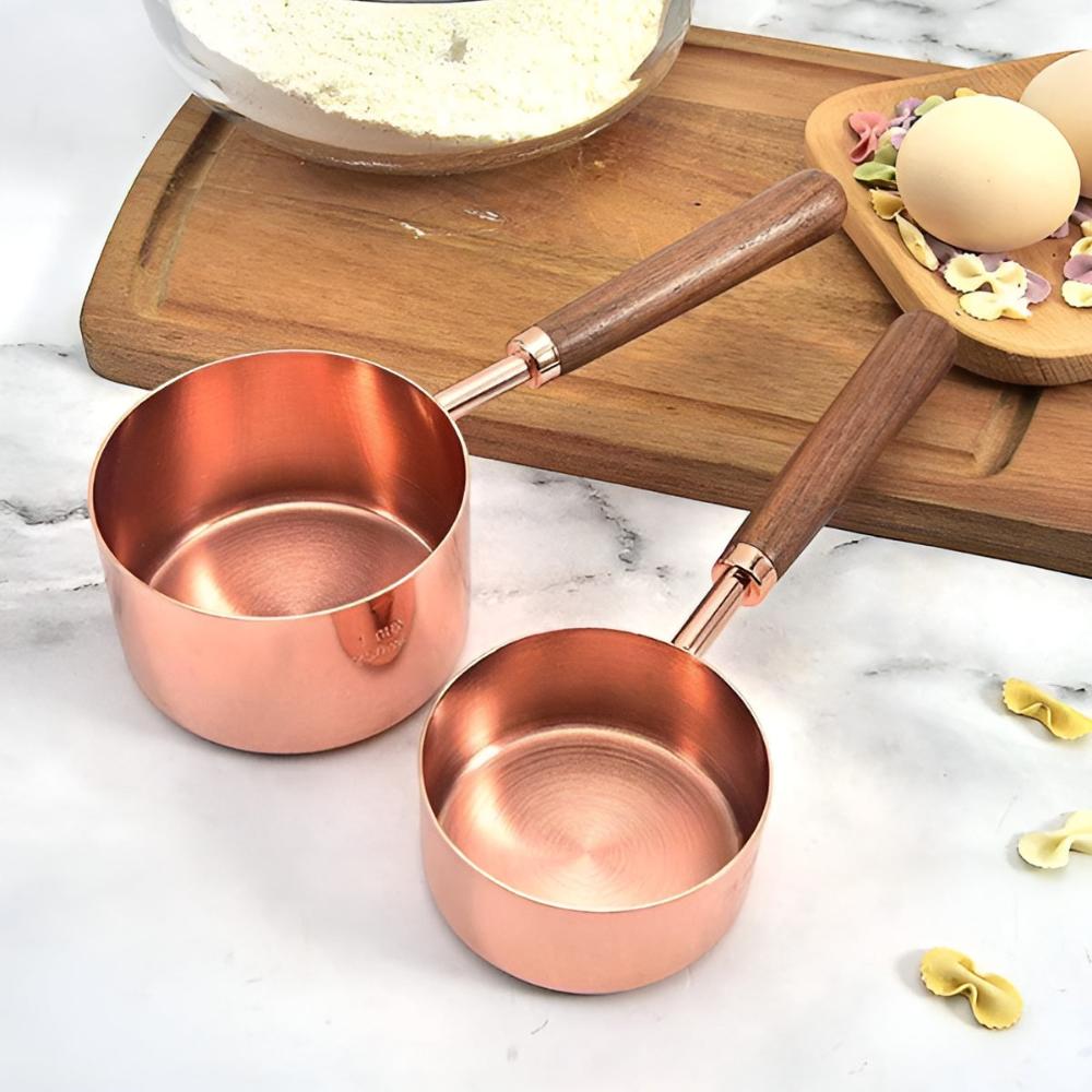 Stainless Steel Measuring Cups & Spoons – Copper Finish with Walnut Wood Handles