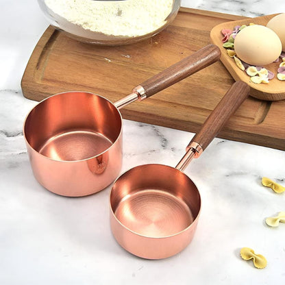 Stainless Steel Measuring Cups & Spoons – Copper Finish with Walnut Wood Handles