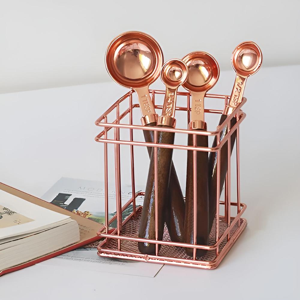 Stainless Steel Measuring Cups & Spoons – Copper Finish with Walnut Wood Handles