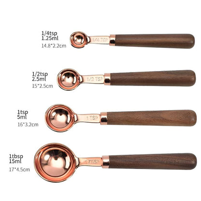 Stainless Steel Measuring Cups & Spoons – Copper Finish with Walnut Wood Handles