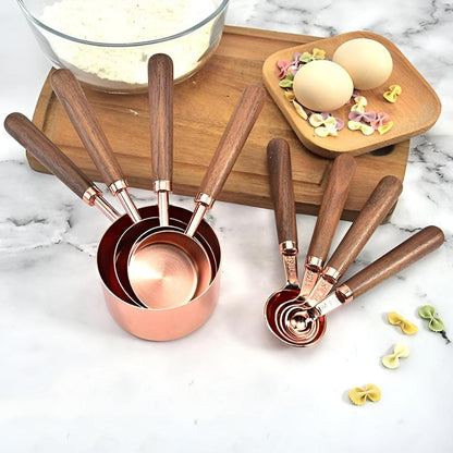 Stainless Steel Measuring Cups & Spoons – Copper Finish with Walnut Wood Handles