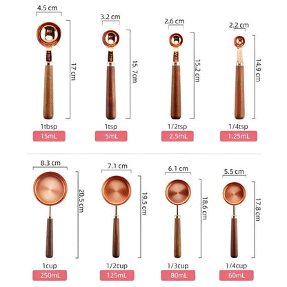 Stainless Steel Measuring Cups & Spoons – Copper Finish with Walnut Wood Handles