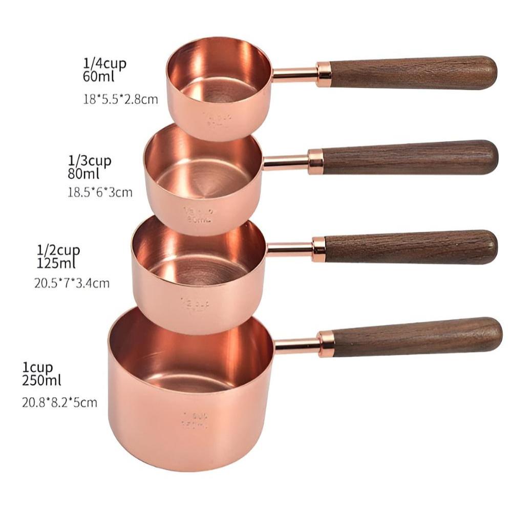 Stainless Steel Measuring Cups & Spoons – Copper Finish with Walnut Wood Handles