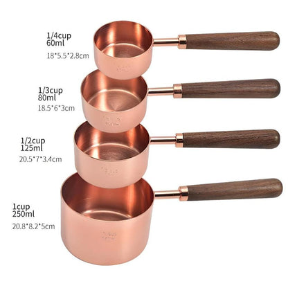 Stainless Steel Measuring Cups & Spoons – Copper Finish with Walnut Wood Handles