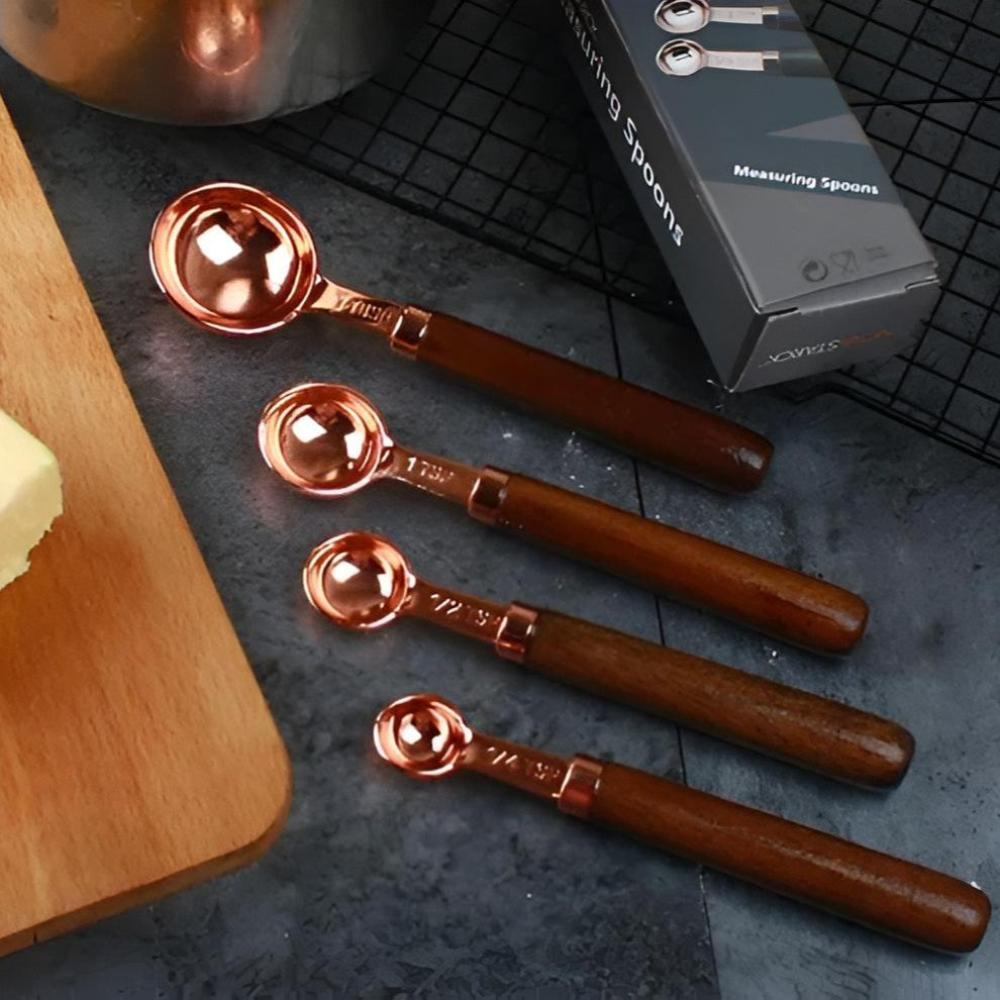 Stainless Steel Measuring Cups & Spoons – Copper Finish with Walnut Wood Handles