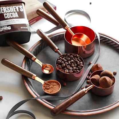 Stainless Steel Measuring Cups & Spoons – Copper Finish with Walnut Wood Handles