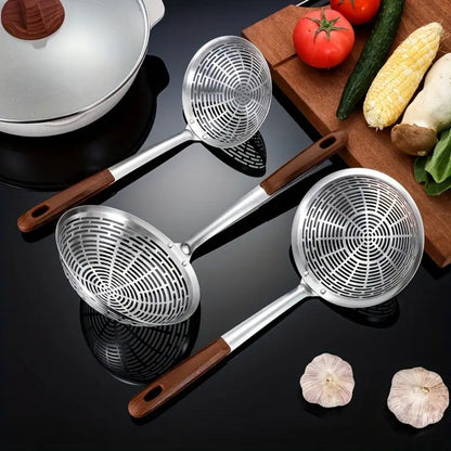 Stainless Steel Skimmer with Wooden Handle and Fine Mesh Design