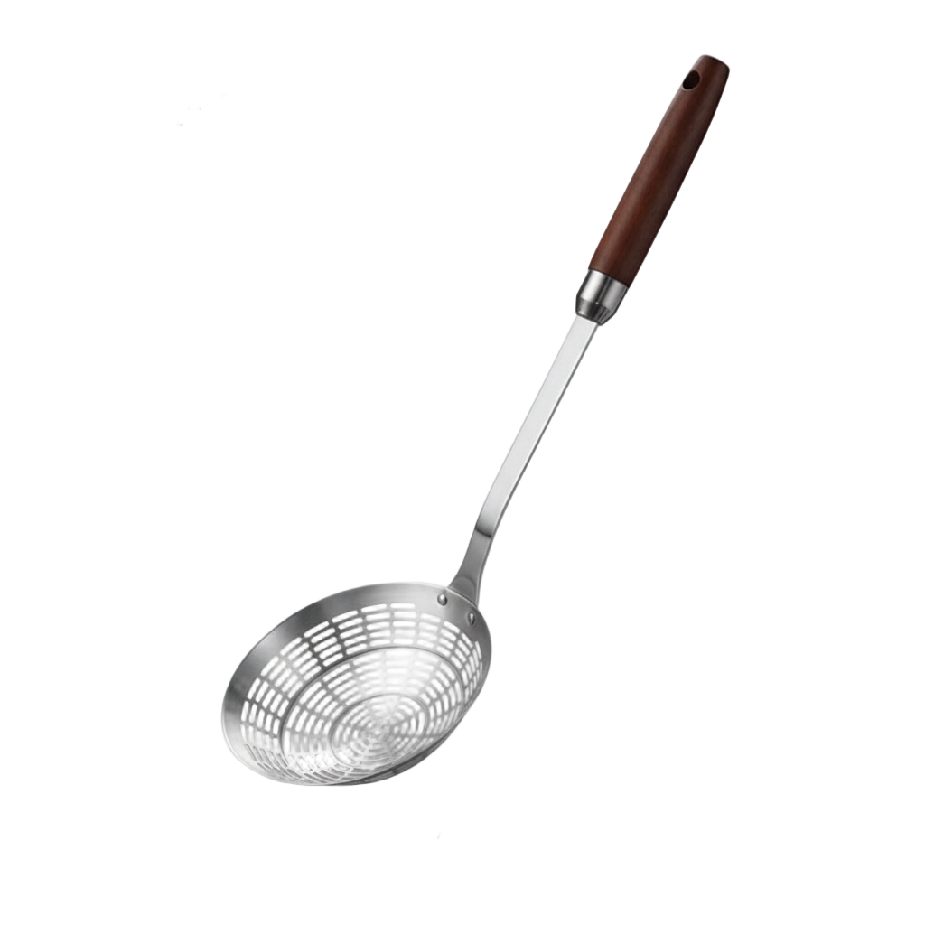 Stainless Steel Skimmer with Wooden Handle and Fine Mesh Design