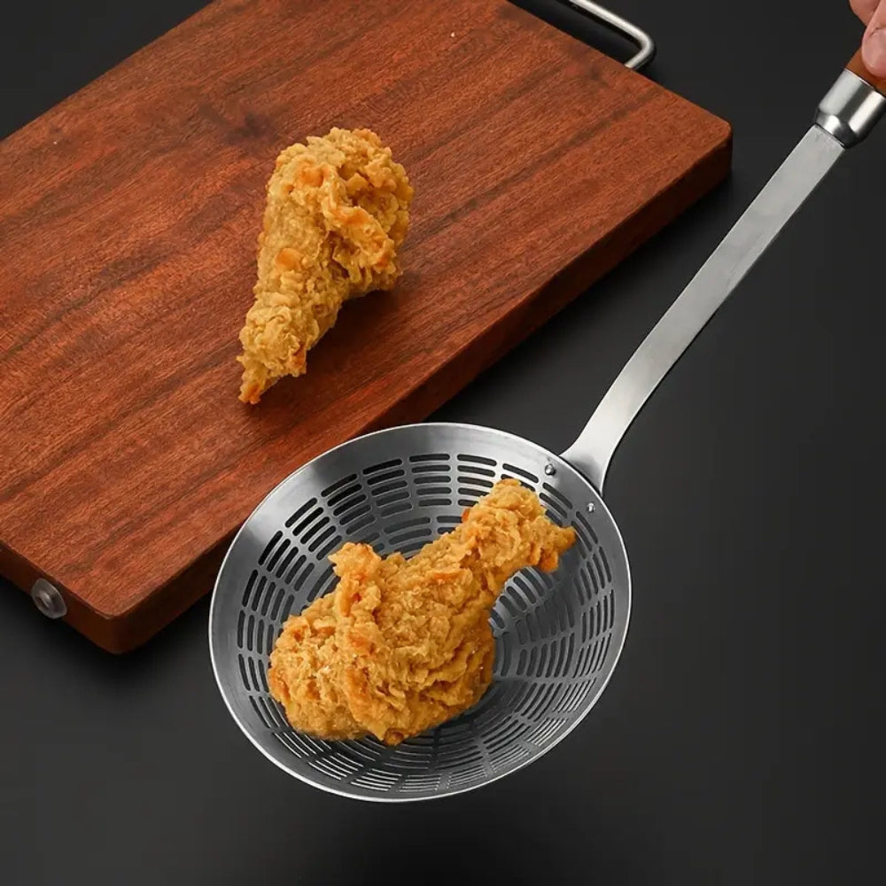 Stainless Steel Skimmer with Wooden Handle and Fine Mesh Design