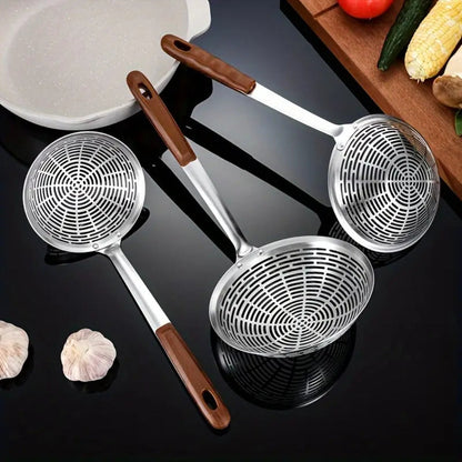 Stainless Steel Skimmer with Wooden Handle and Fine Mesh Design