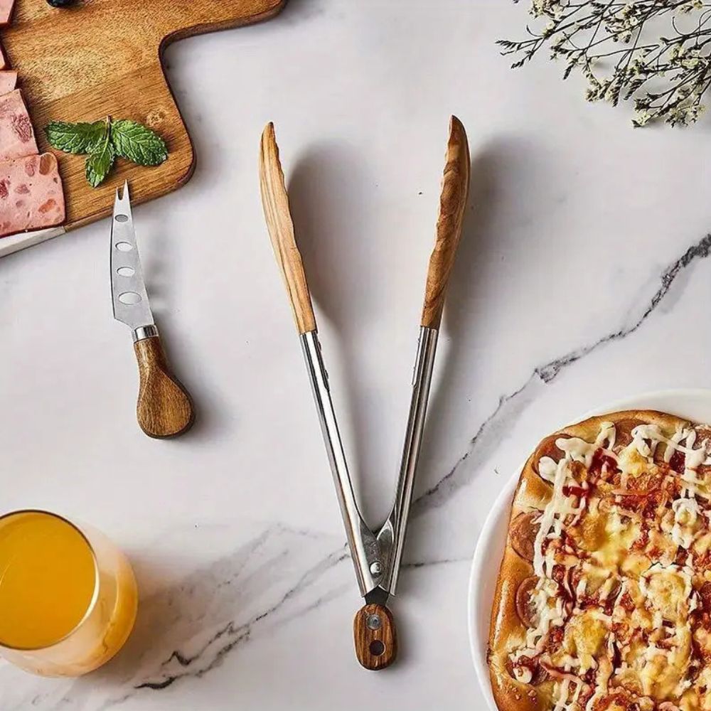 Stainless Steel and Wood Kitchen Tongs Set – 2-Piece Cooking and Serving Tongs