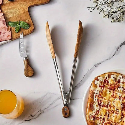 Stainless Steel and Wood Kitchen Tongs Set – 2-Piece Cooking and Serving Tongs