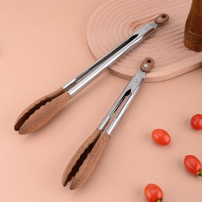 Stainless Steel and Wood Kitchen Tongs Set – 2-Piece Cooking and Serving Tongs